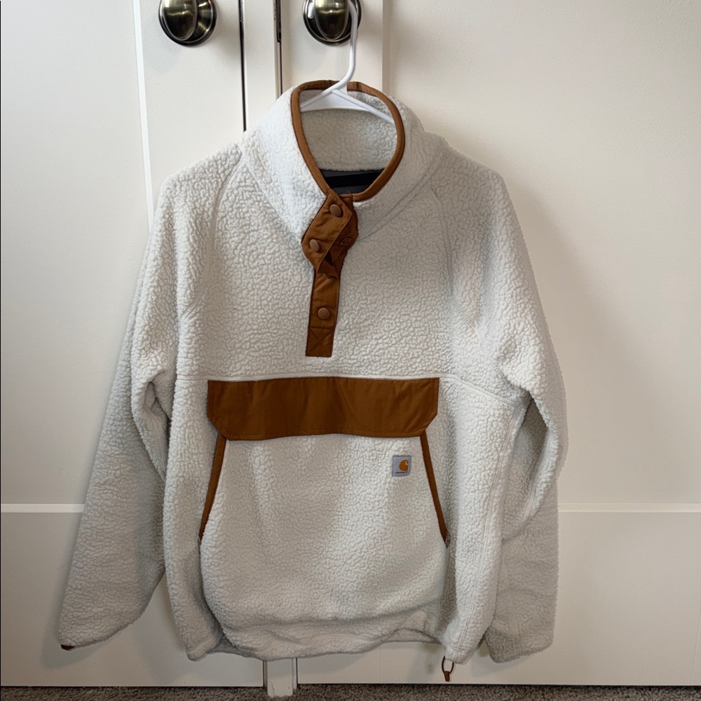 Carhartt White and Brown Fleece Sweater quarter button size L